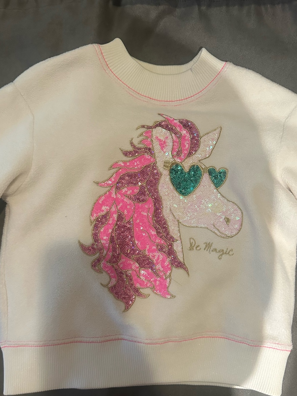 Billieblush White Sweatshirt with Pink Unicorn Mane and Teal Heart Eyes
